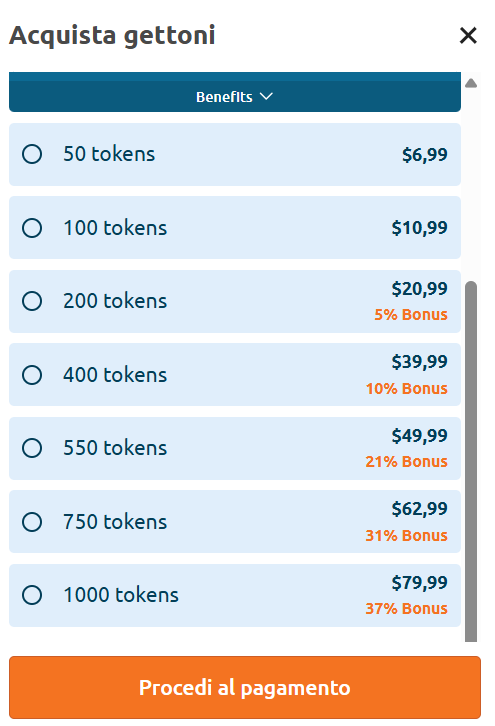 Finestra di acquisto dei token di Chaturbate con i pacchetti in dollari e il bonus fino al 37%