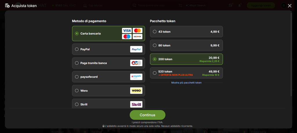 Pagina di acquisto dei token di Stripchat con i pacchetti in euro da 49,99 a 520 token e i metodi di pagamento