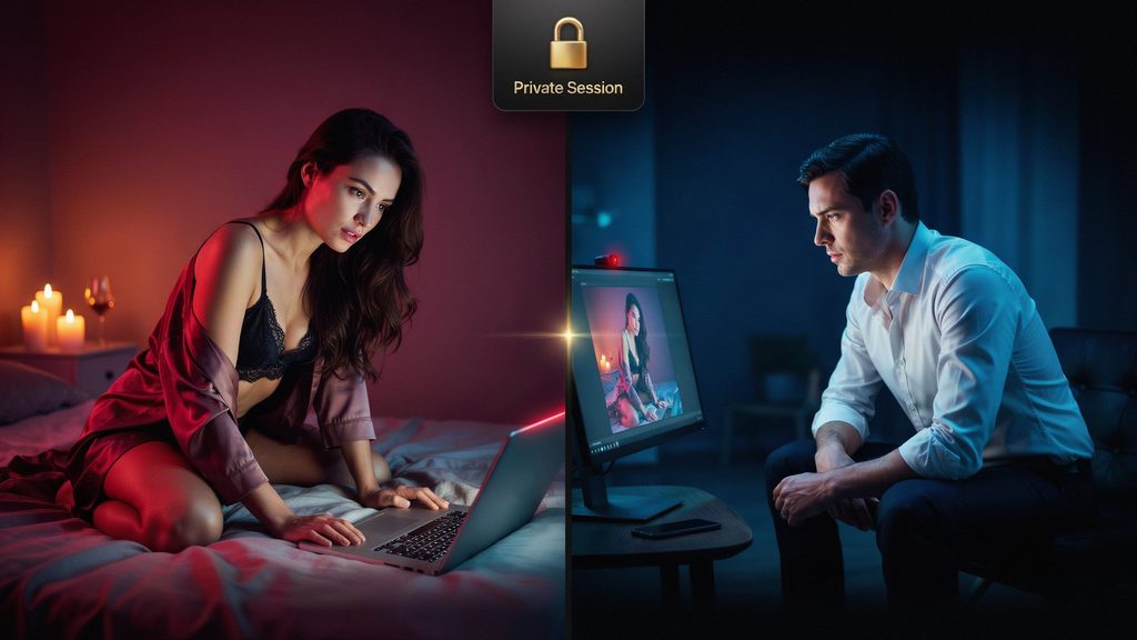 Illustrazione del cam2cam: due webcam collegate in una chat privata tra utente e performer