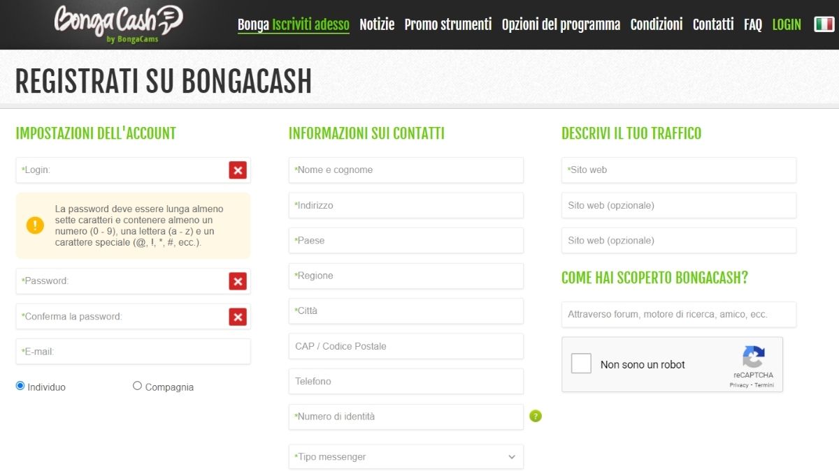 BongaCash Registrazione affiliato