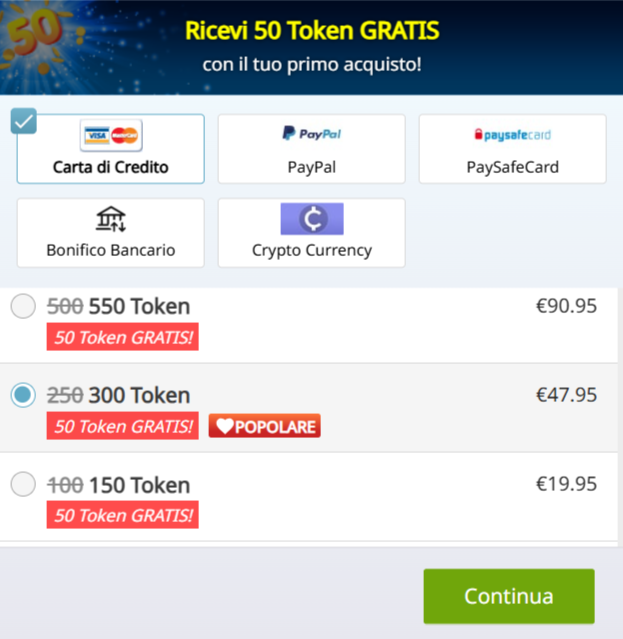 prezzi dei pacchetti token di Cam4, confronto tra 50, 100 e 500 token