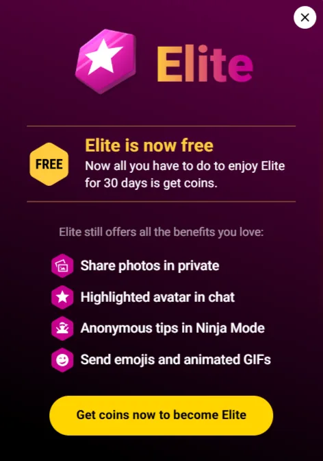 Finestra Elite di Amateur TV: 30 giorni gratis comprando coins, con mance anonime in Ninja Mode