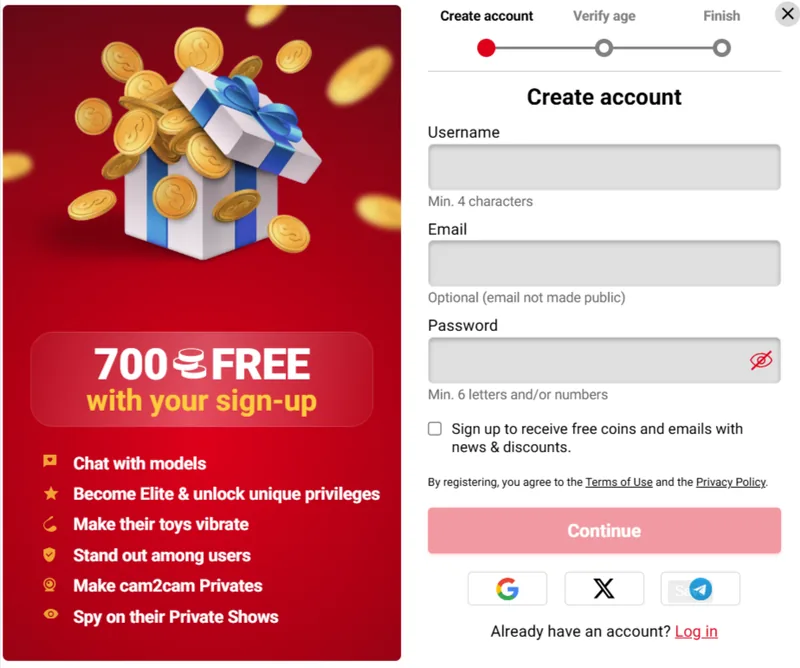 Modulo di iscrizione di Amateur TV con 700 coins in regalo e indirizzo email facoltativo