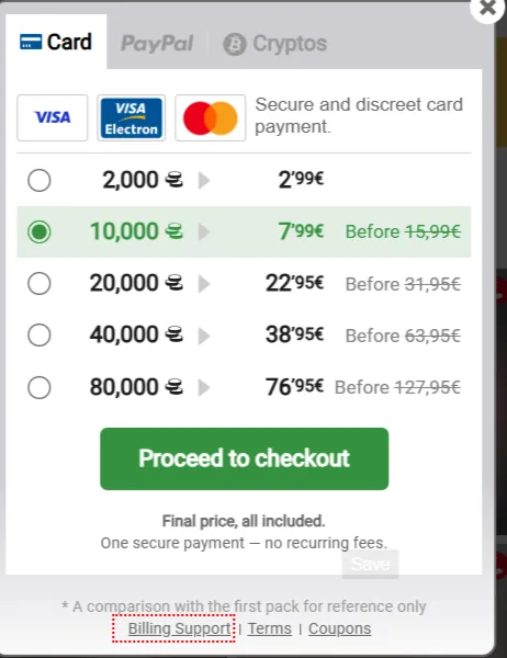 Pacchetti di coins di Amateur TV in euro, da 2.000 coins a 2,99 € fino a 80.000 coins a 76,95 €
