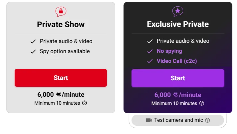 Private Show ed Exclusive Private a confronto: stesso prezzo al minuto e minimo di 10 minuti